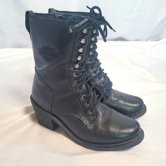 Harley Davidson Black Leather Combat Boots Lace Up Side Zip Women's Size 8.5 - Picture 1 of 15